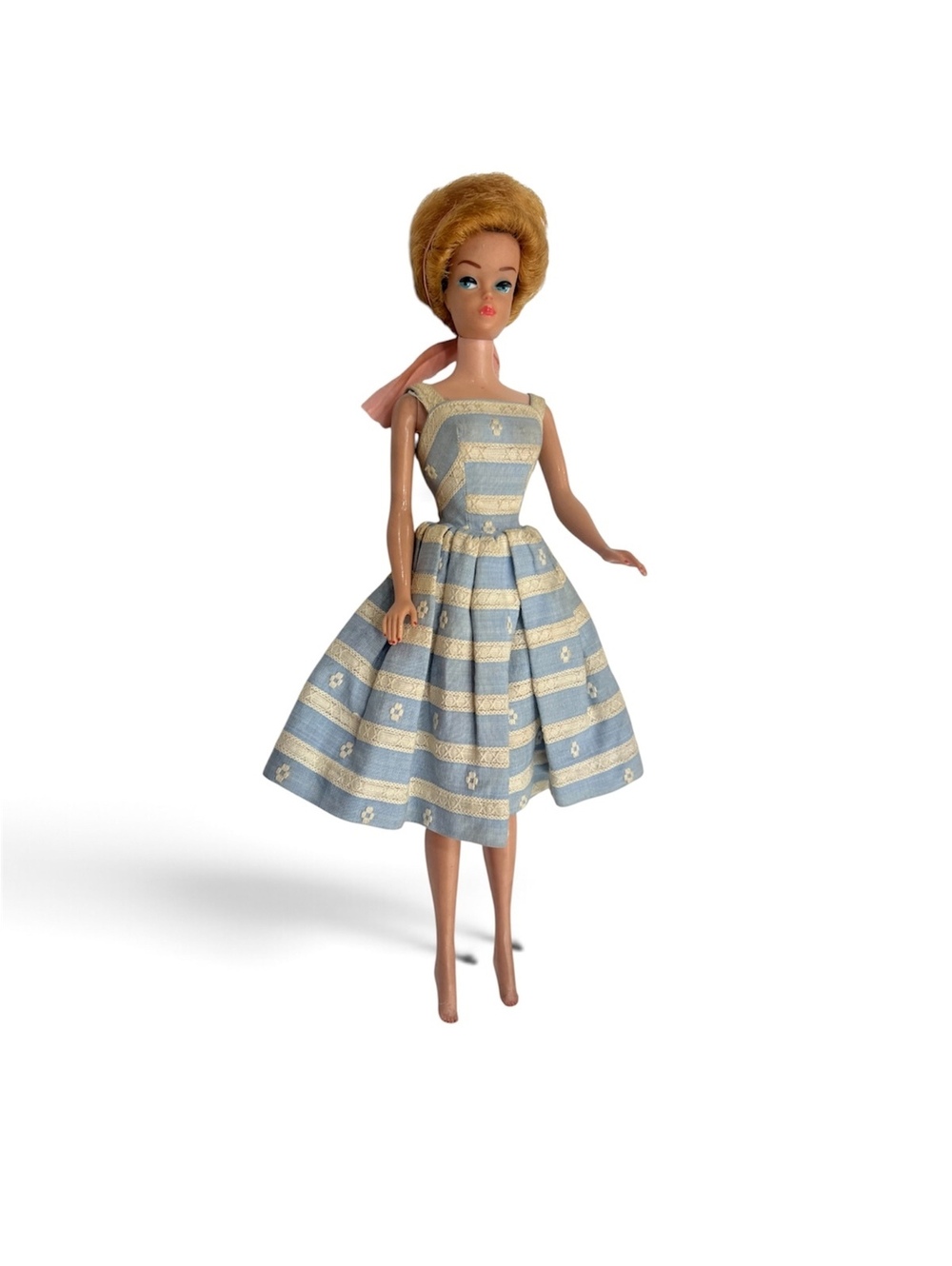 Vintage 1960s Mattel Barbie Blonde Blue Lace Striped Dress Barefoot